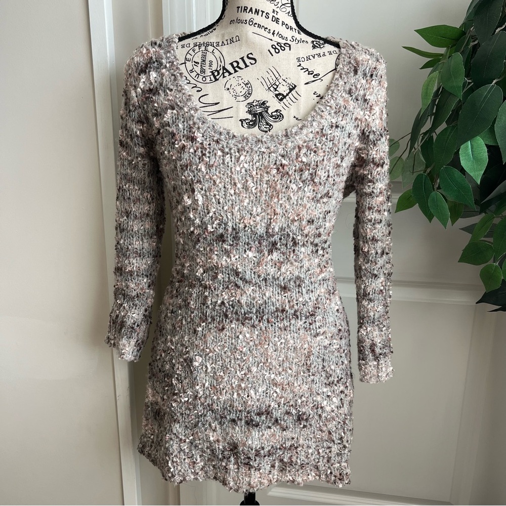 Mandee Fuzzy Speckled Chunky Knit Sweater Cream Brown Sz L